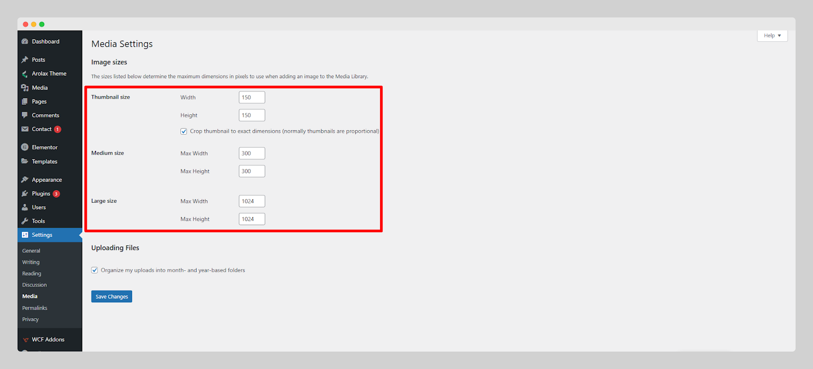 WordPress default image sizes configuration inside media settings option.