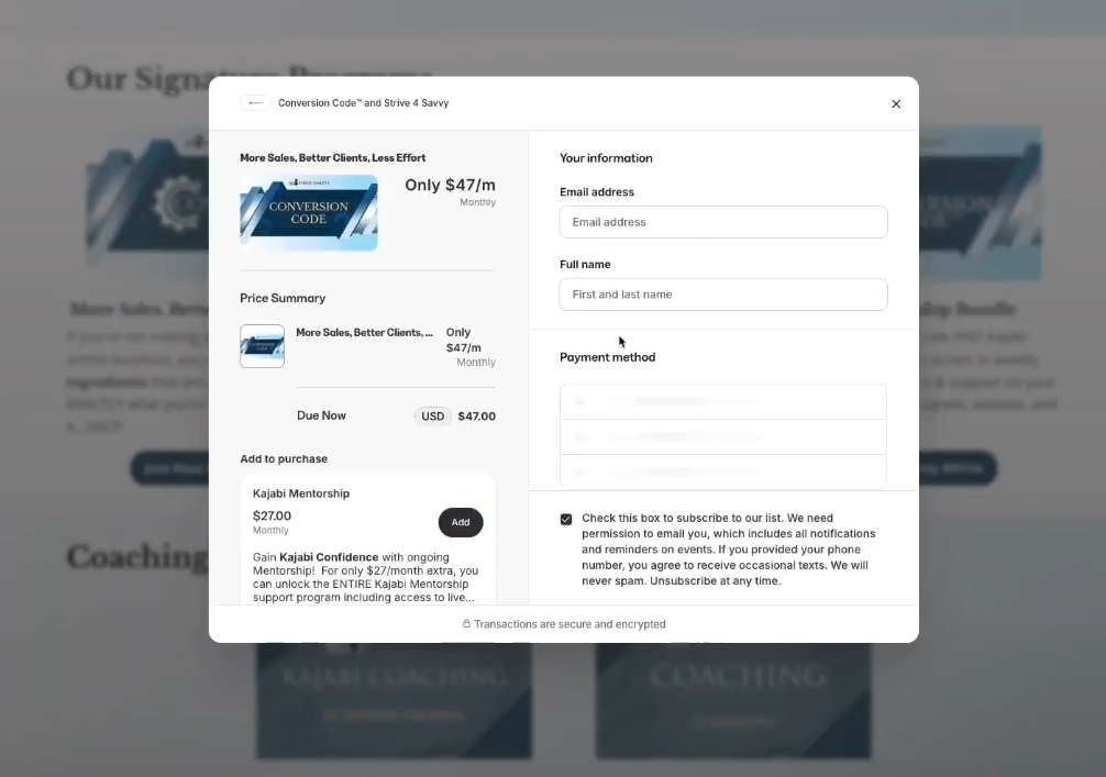 Kajabi's checkout builder