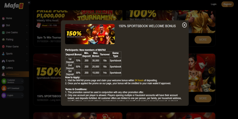 Mafa8 150% Sportsbook Welcome Bonus terms and conditions