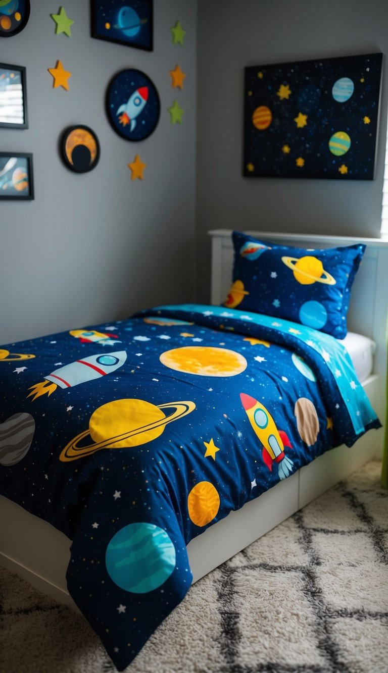 A child's bedroom with a space-themed bedding set, featuring stars, planets, and rockets. Glow-in-the-dark elements add a magical touch to the room