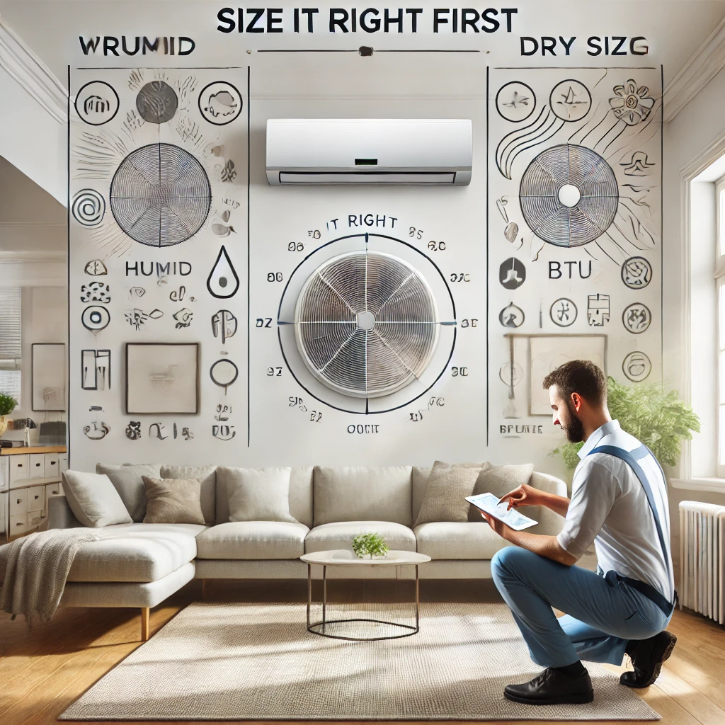 HVAC technician checking AC size in modern home with airflow visuals, representing correct air conditioner sizing benefits.