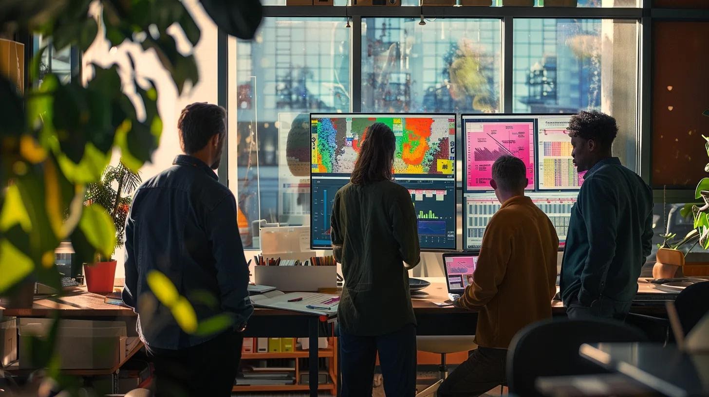 a focused office scene captures a diverse team collaborating over a digital screen displaying intricate keyword research charts and graphs, highlighting the importance of audience definition and strategic content planning.