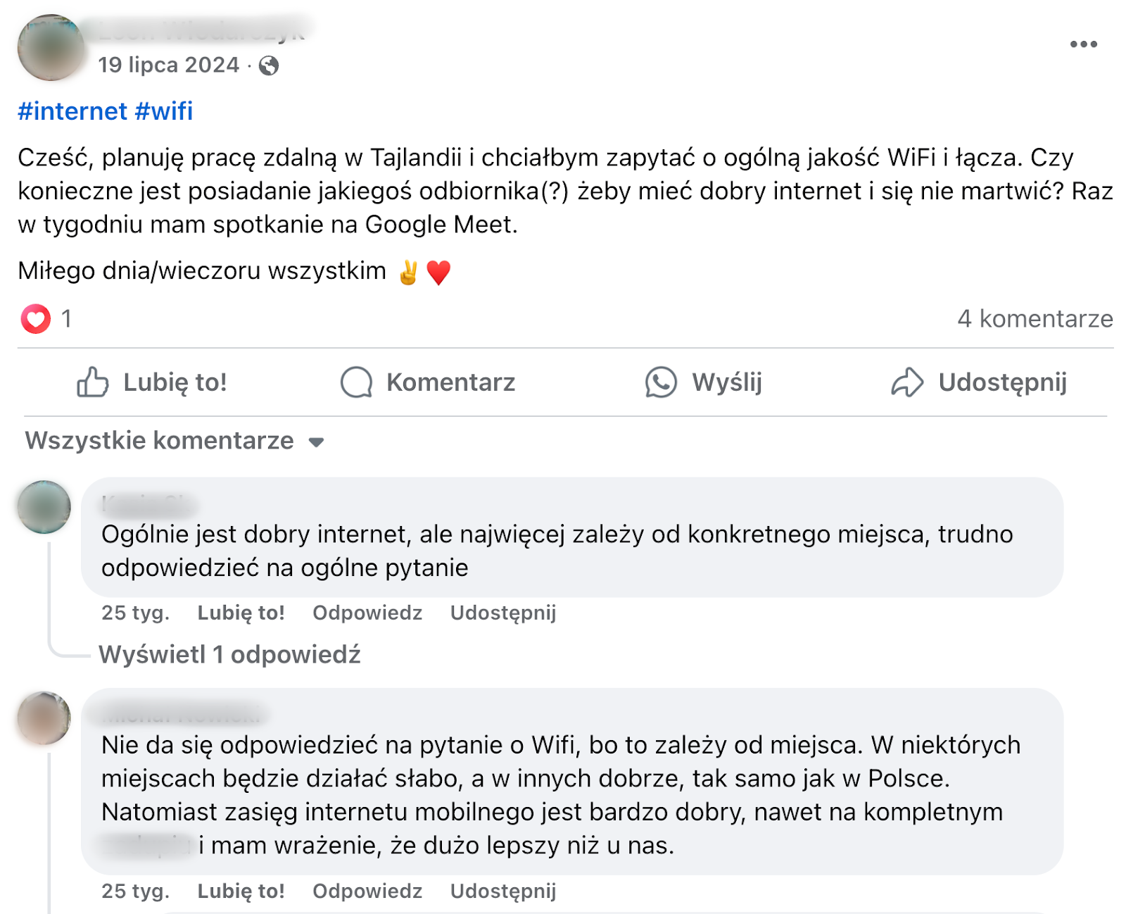 Zrzut ekranu z wątku na temat WiFi w Tajlandii na Facebooku.