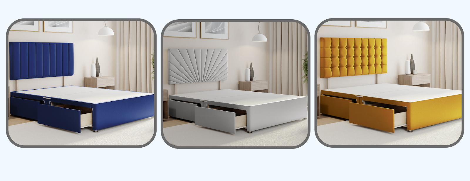 Three stylish divan beds with storage drawers and distinct headboard designs in blue, white, and gold, showcasing modern bedroom furniture options