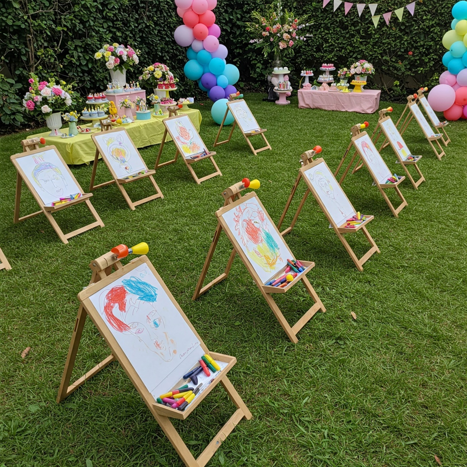 Kids garden party with rows of drawing easels with canvas.