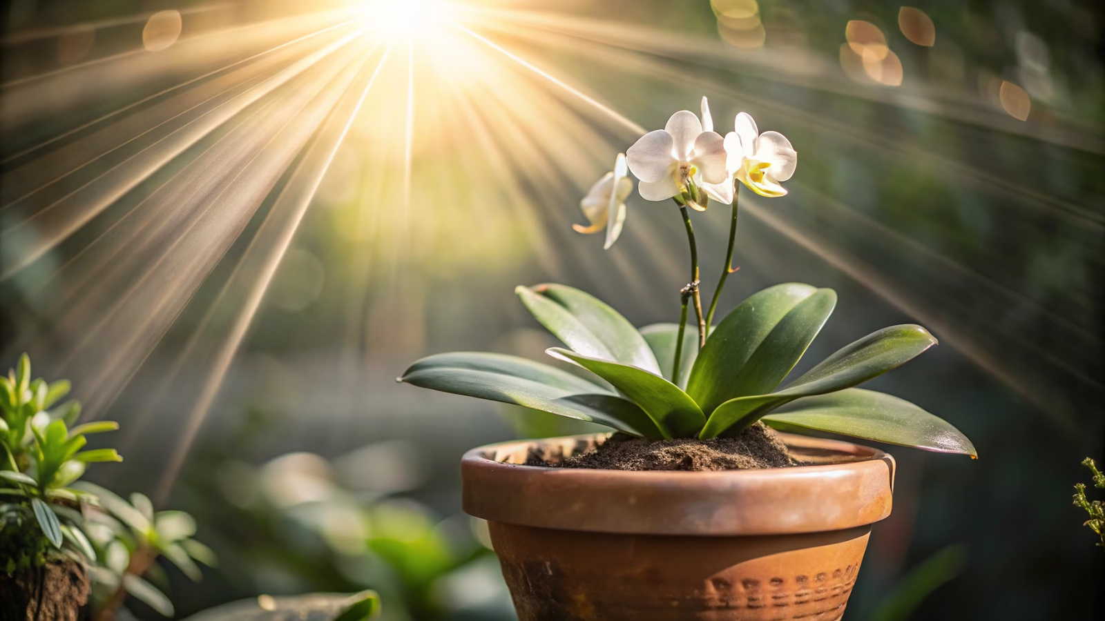 Muda de orquídea recém-plantada em vaso de barro.