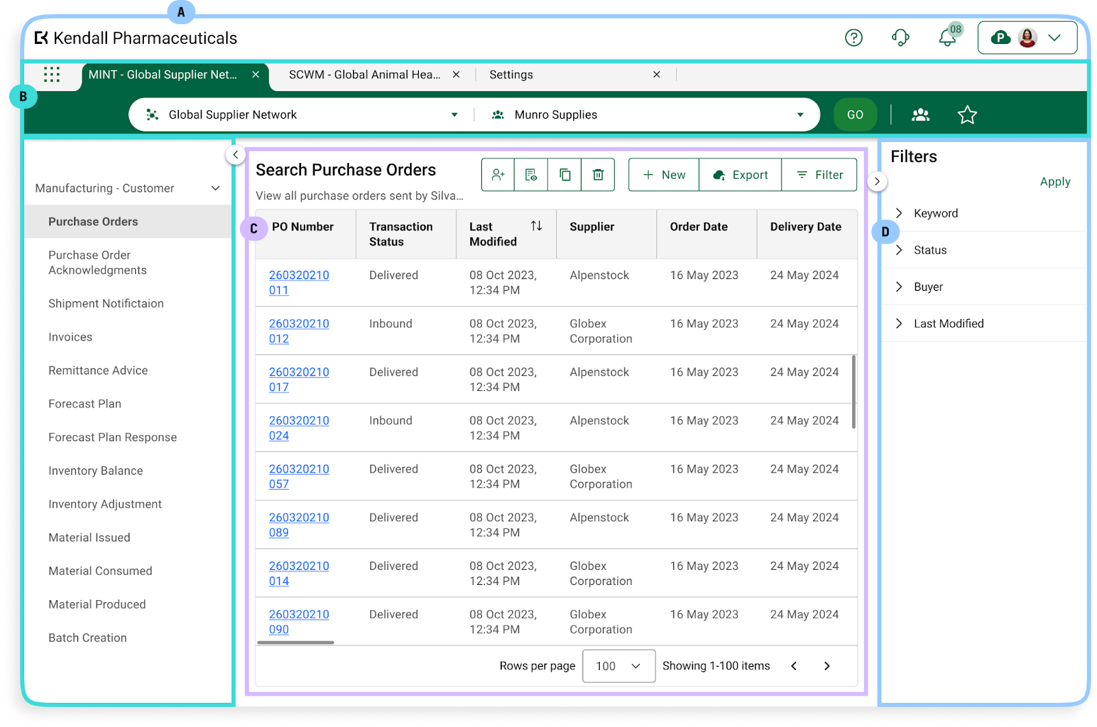 Opus Ensemble user context, navigation, main content area, and toolbar and push panel