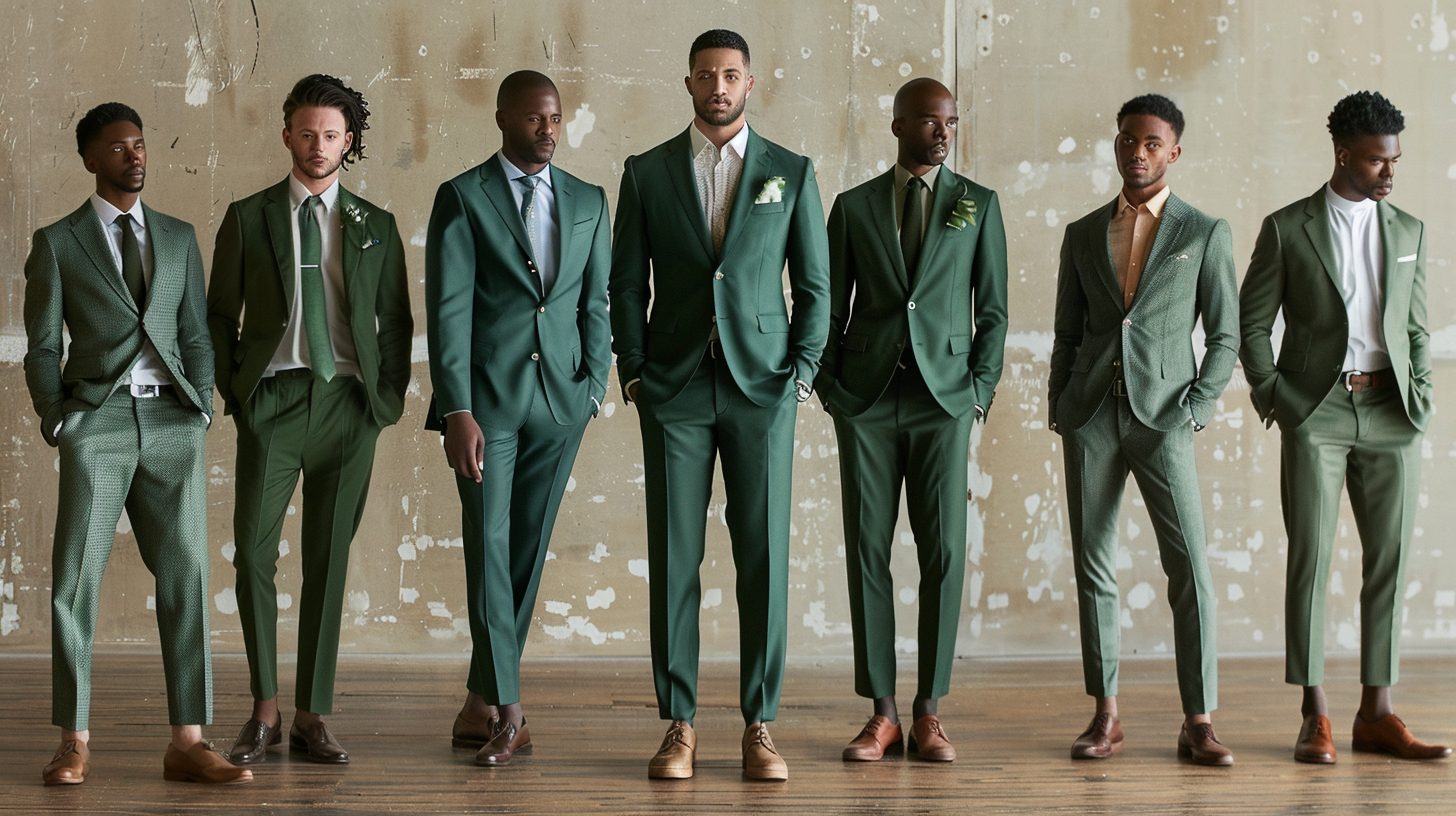 A man modeling six green suit combinations: Green suit with white shirt--clean and classic; Green suit with light blue shirt--soft and smart; Green suit with black shirt--edgy and modern; Green suit with beige shirt--warm and relaxed; Green suit with subtly printed shirt--bold yet balanced; Green suit with grey shirt--refined and understated. Each look styled with matching shoes and minimal accessories, showcasing versatile outfits for formal, casual, and social occasions.