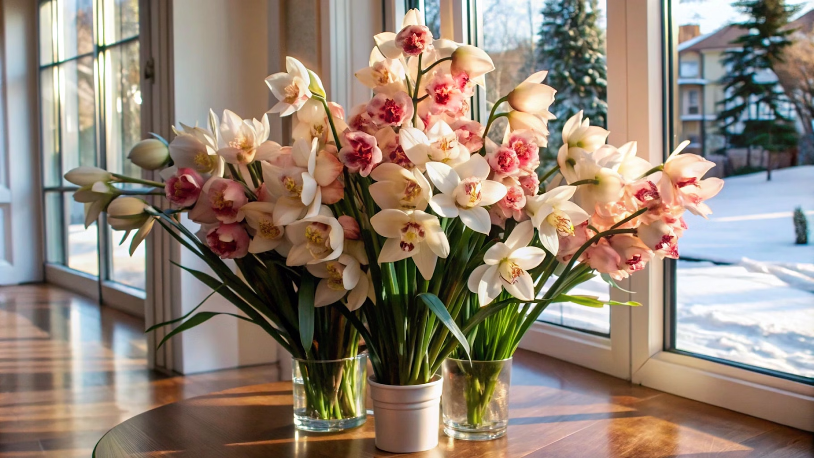 Orquídeas cymbidium florescendo em ambiente elegante, com móveis modernos e luz solar de inverno.