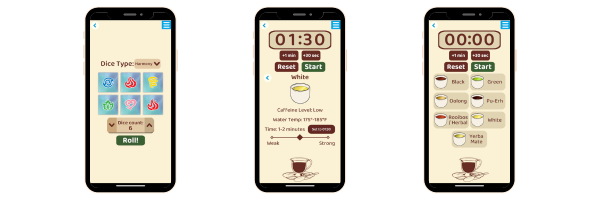 Screen shots of the Snowbright App open to the Harmony dice, and tea steeping timer screens