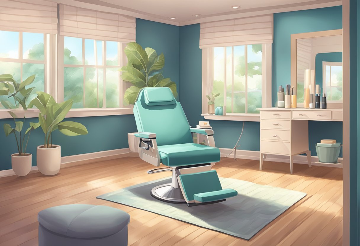 A serene salon room with a comfortable reclining chair, a tray of tinting supplies, and soft lighting to create a relaxing atmosphere