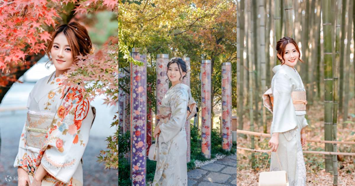 Experiencia popular de alquiler de kimonos en Kioto Arashiyama con servicios integrales que incluyen maquillaje y fotografía al aire libre para sesiones de verano.