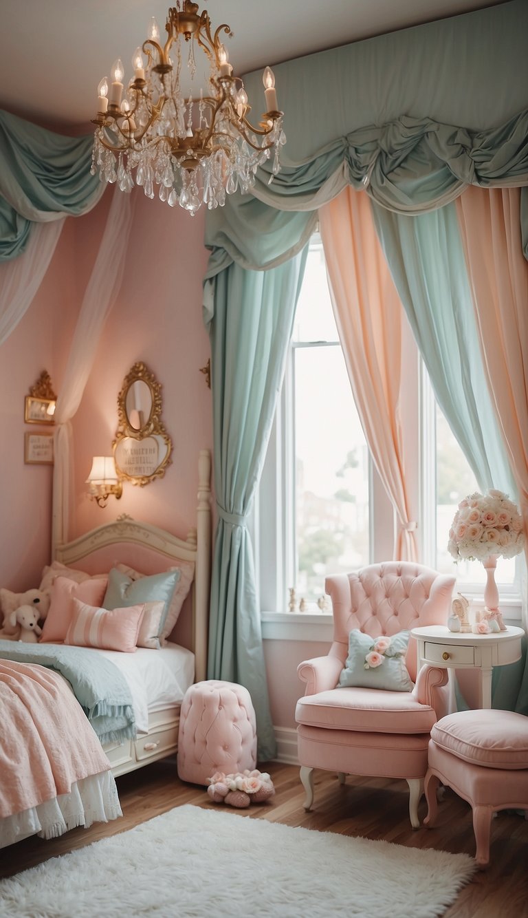 A whimsical princess bedroom with a canopy bed, pastel colors, and personalized decor touches like a crown-shaped mirror and a carriage-shaped bookshelf