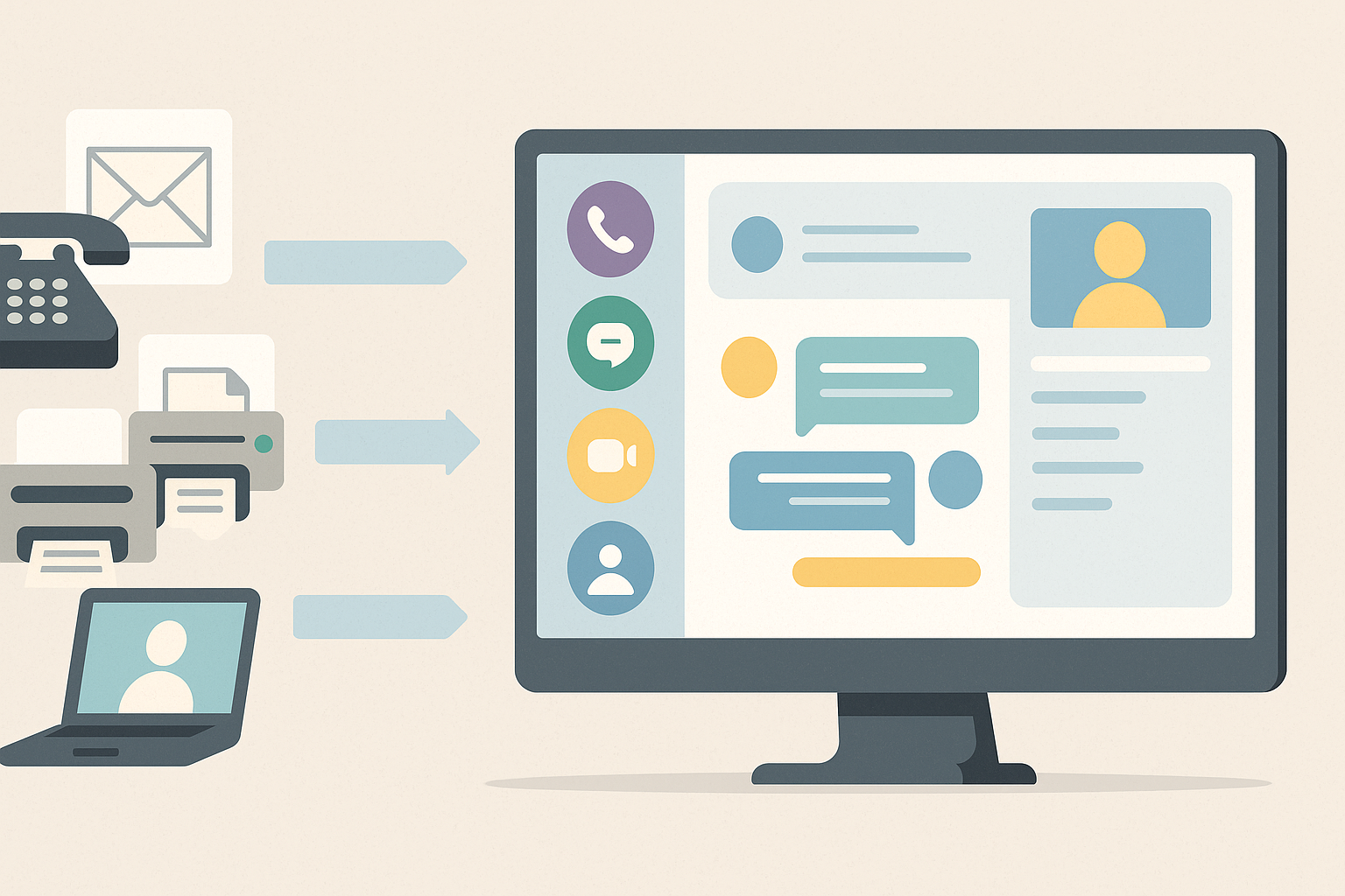 Visual of a unified communications platform replacing multiple legacy systems on a single screen.