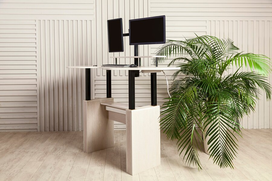 Standing desk set up for plants and artistic walls