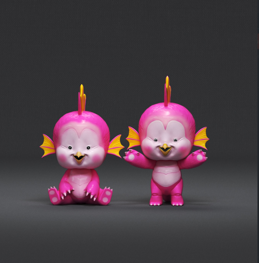 Pair of pink Ultraman-inspired EMI character 3D prints with fish fins, cute expressions, and vibrant colors, designed by Arxeukx

