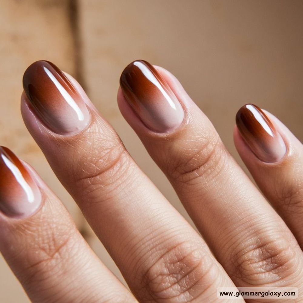 Neutral Fall Nails having Shiny Brown Blends
