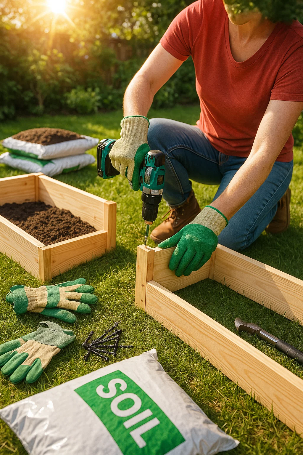 A dynamic, eye-catching image of a backyard in progress, where a raised seed bed is being assembled step by step. Include wooden boards being screwed together, gardening gloves, a drill, and soil bags nearby. One section of the bed is complete, while another is mid-build—highlighting the process. Add a cheerful DIYer (person or hands only) actively working, with the sun shining and tools neatly arranged. The overall vibe is hands-on, empowering, and project-ready.