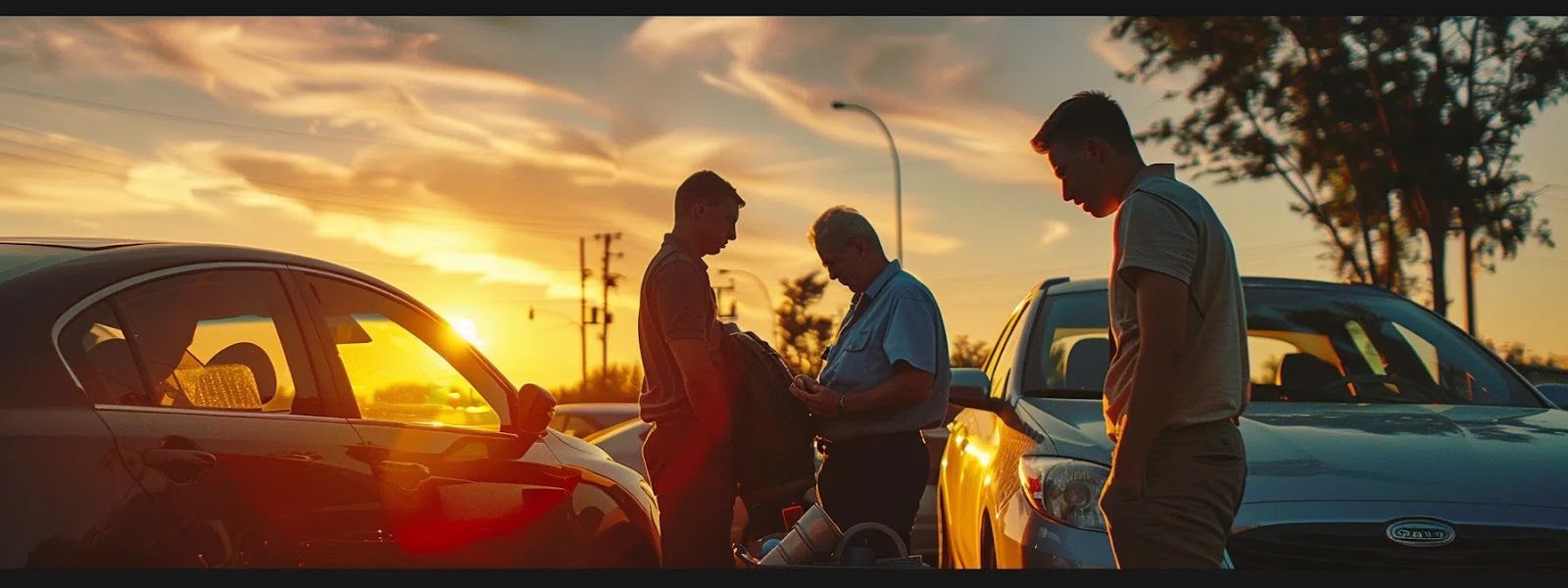 a used car owner receiving complimentary roadside assistance in oklahoma, surrounded by a team of professionals.