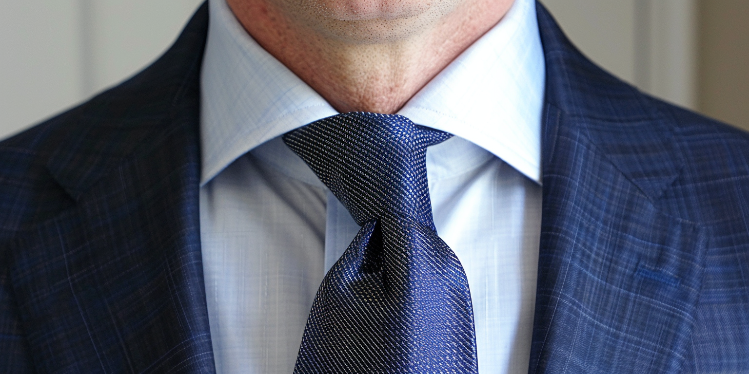 Close-up of a man tying a classic Four-in-Hand necktie knot on a silk tie in a deep navy color. The knot is slightly narrow and asymmetrical, paired with a crisp white dress shirt and a slim collar. The setting is bright and clean, highlighting simplicity and everyday elegance.