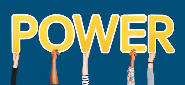 The word POWER written in yellow with people's hands holding up each letter