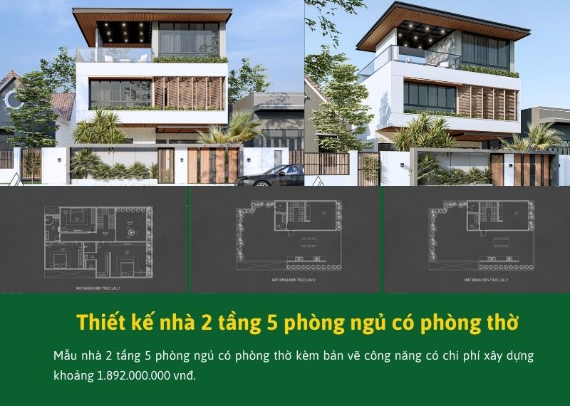 Thiết kế nhà 2 tầng 5 phòng ngủ có phòng thờ Xây dựng Nhất Tín