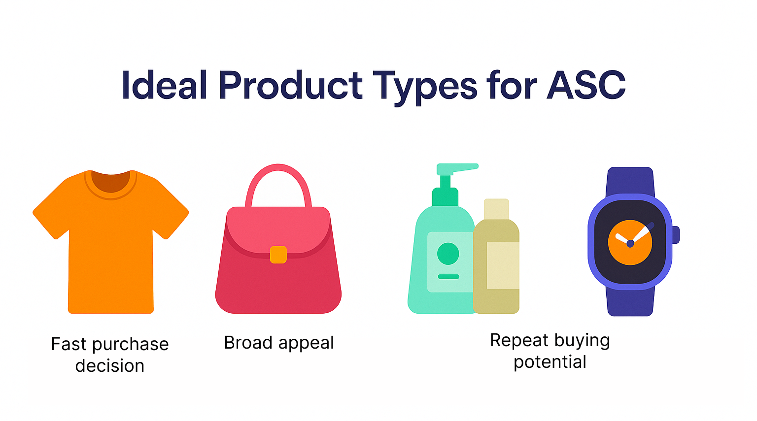 A colorful infographic showing ideal product types for ASC, featuring icons of a T-shirt, purse, skincare bottles, and smartwatch with labels like 