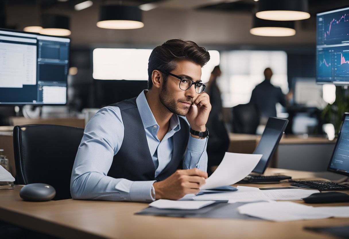 A business owner sits at a desk, surrounded by computer screens and papers. They are deep in thought, pondering which SEO agency to hire for their company