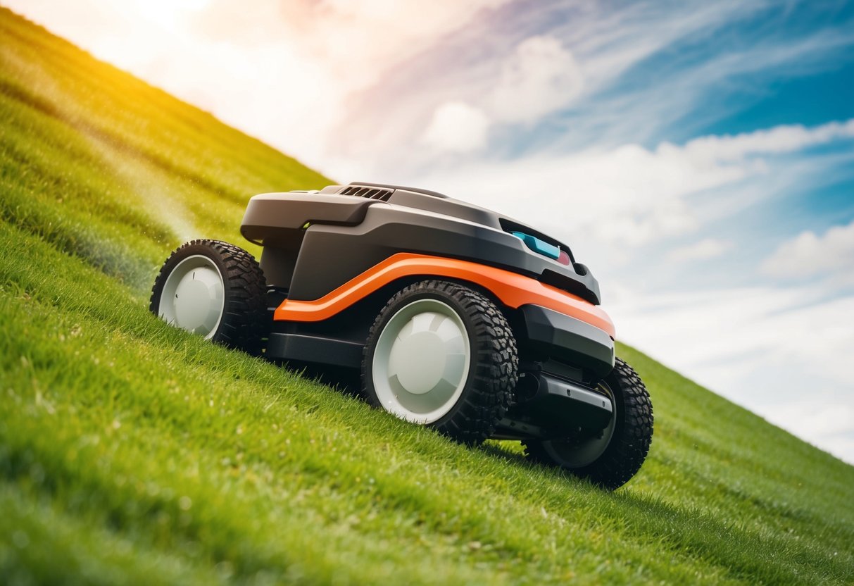 A robotic lawn mower navigating a steep slope with obstacle detection and avoidance technology