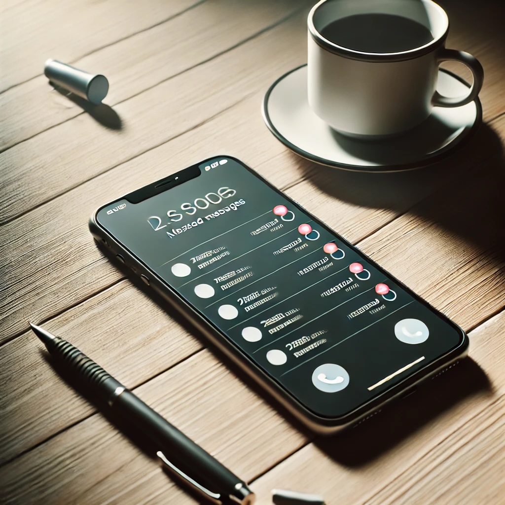 A smartphone with multiple missed calls and unread messages, face down on a wooden table, representing the struggle of maintaining no contact after a breakup