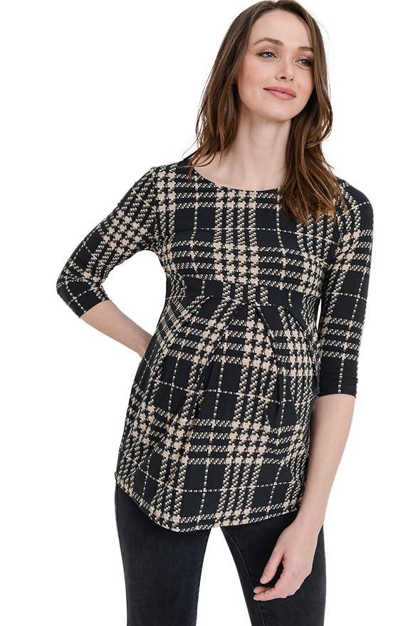 LaClef Women's Round Neck 3/4 Sleeve Front Pleat Peplum Maternity Top