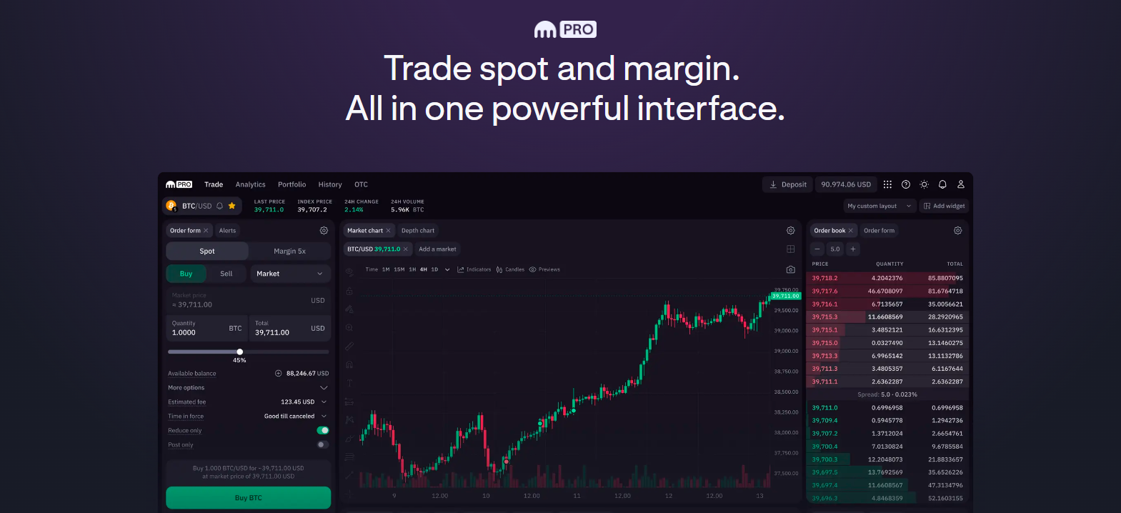 Kraken Pro trading interface for spot and margin trading with real-time BTC/USD market data and order book.