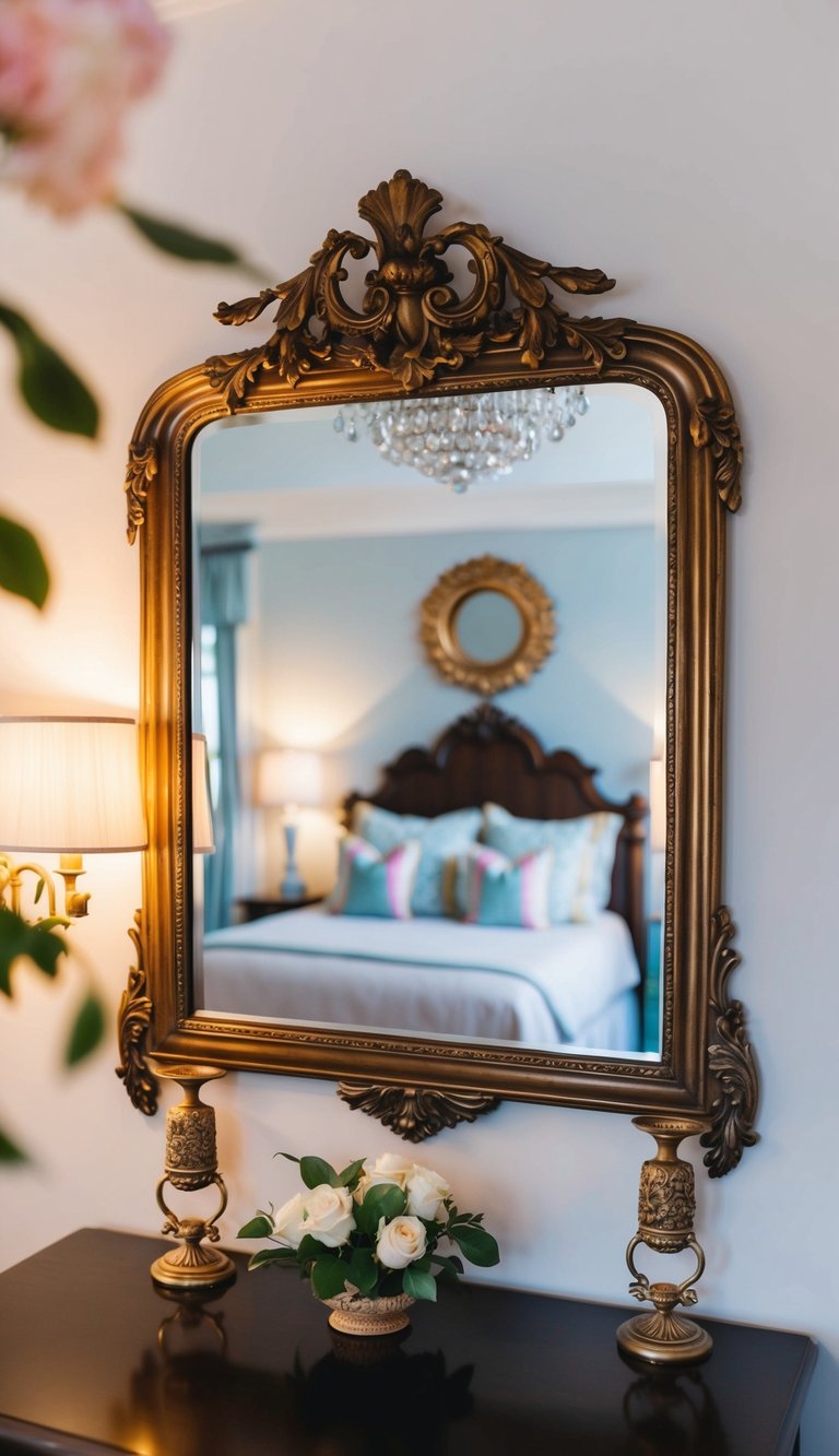 An ornate antique mirror reflects a softly lit master bedroom adorned with romantic decor