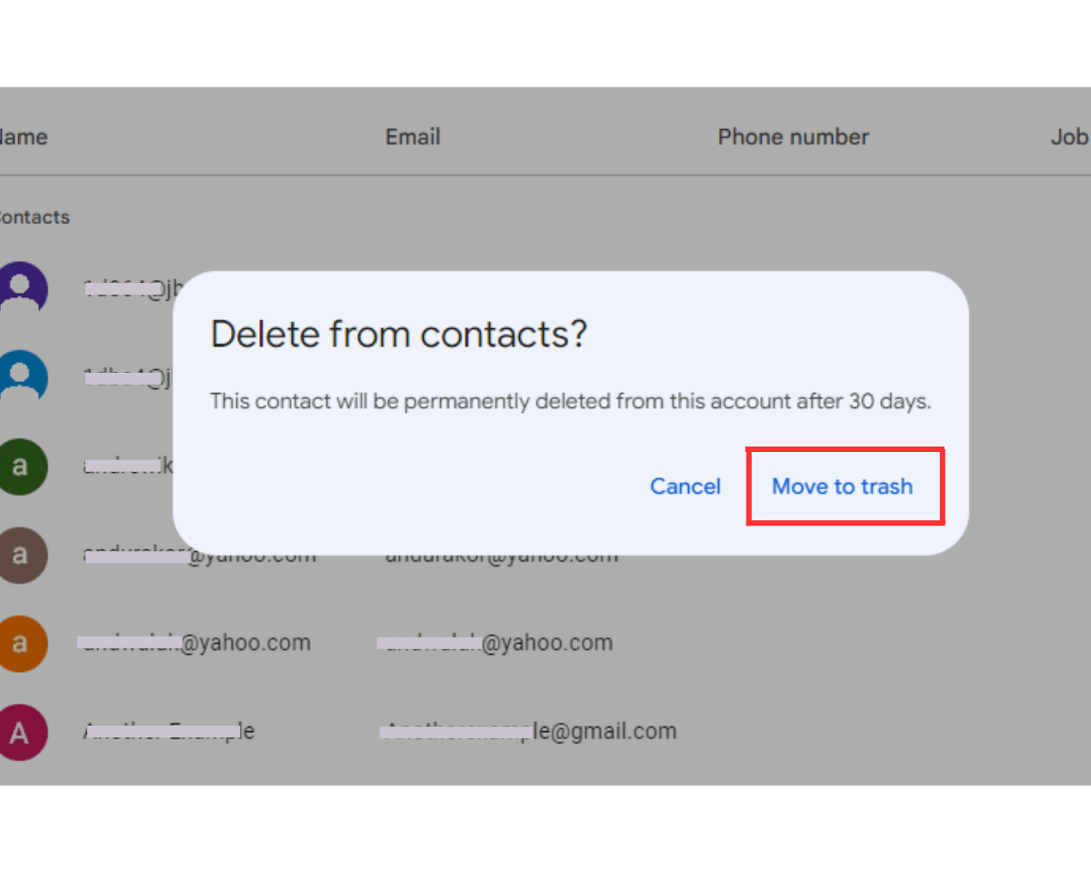 How to delete contacts in Gmail: When the delete confirmation window pops up, click Move to trash