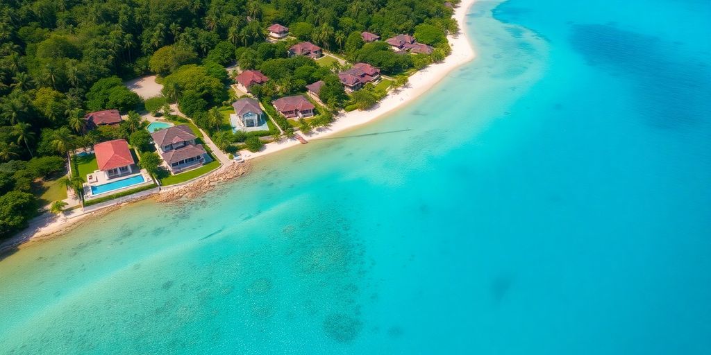 Aerial view of Phuket coastline with luxury properties.