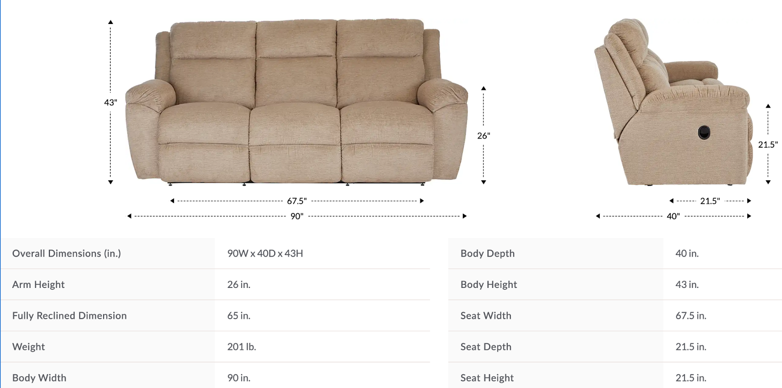 joel reclining sofa dimensions