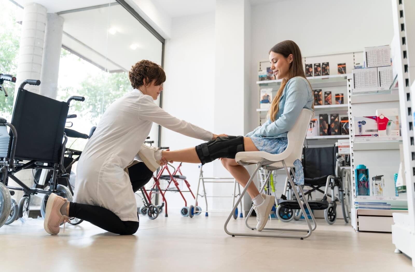 A physiotherapist custom-fits their patient with a knee brace that offers the necessary support.