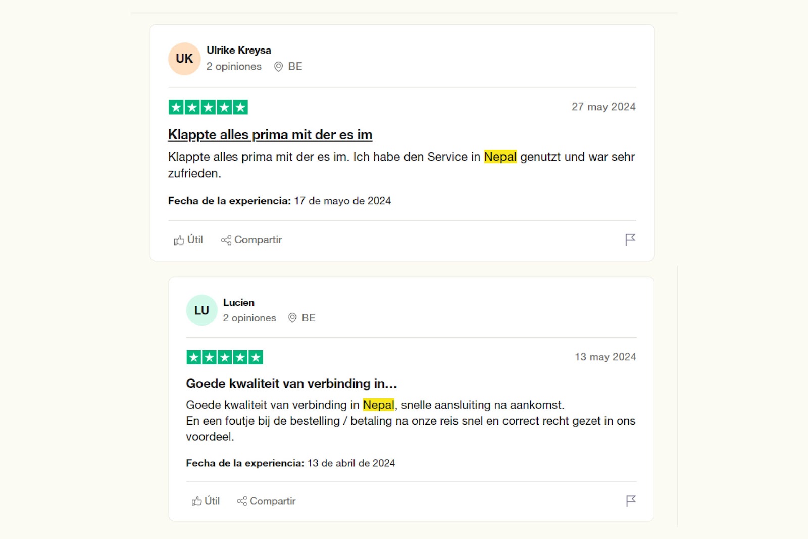 Opiniones sobre la eSIM para Nepal en Trustpilot