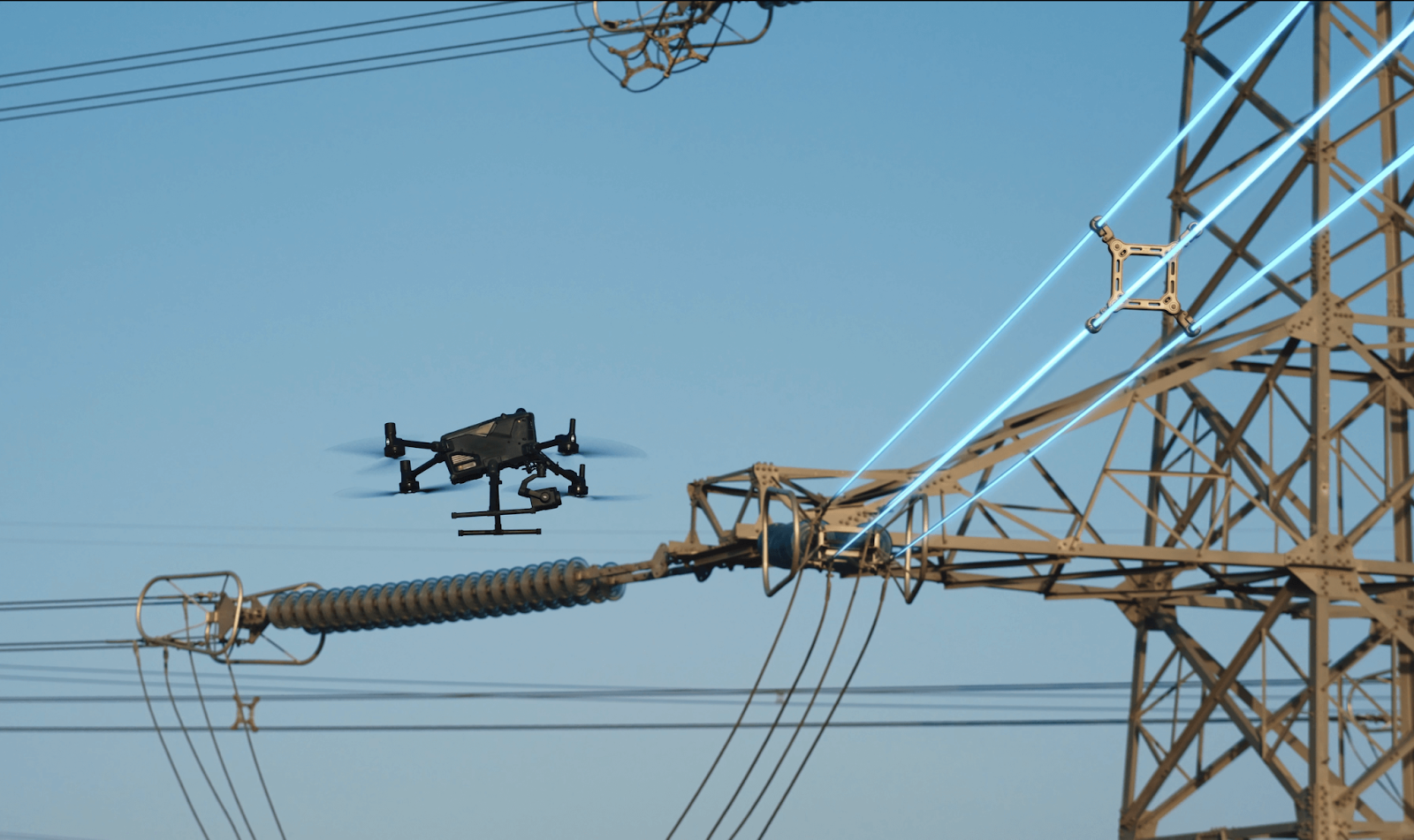 DJI M400 controller screen displaying AR overlays and mission data, showcasing real-time Power Line and Waypoint projections.
