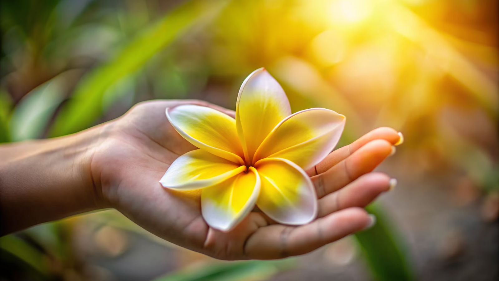 Mão segurando delicadamente uma frangipani flor amarela, vista de cima