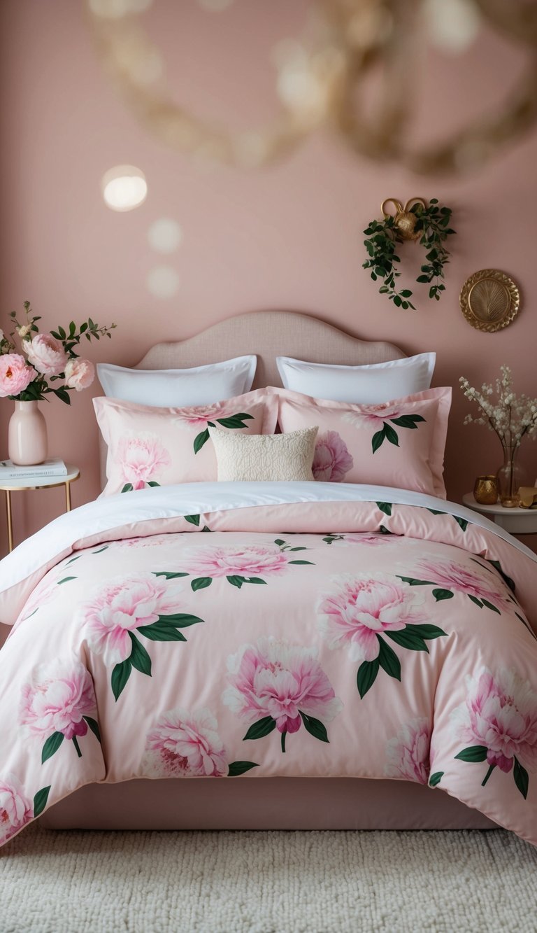 A cozy bedroom with a peony print bedding set, soft pink walls, and floral decor