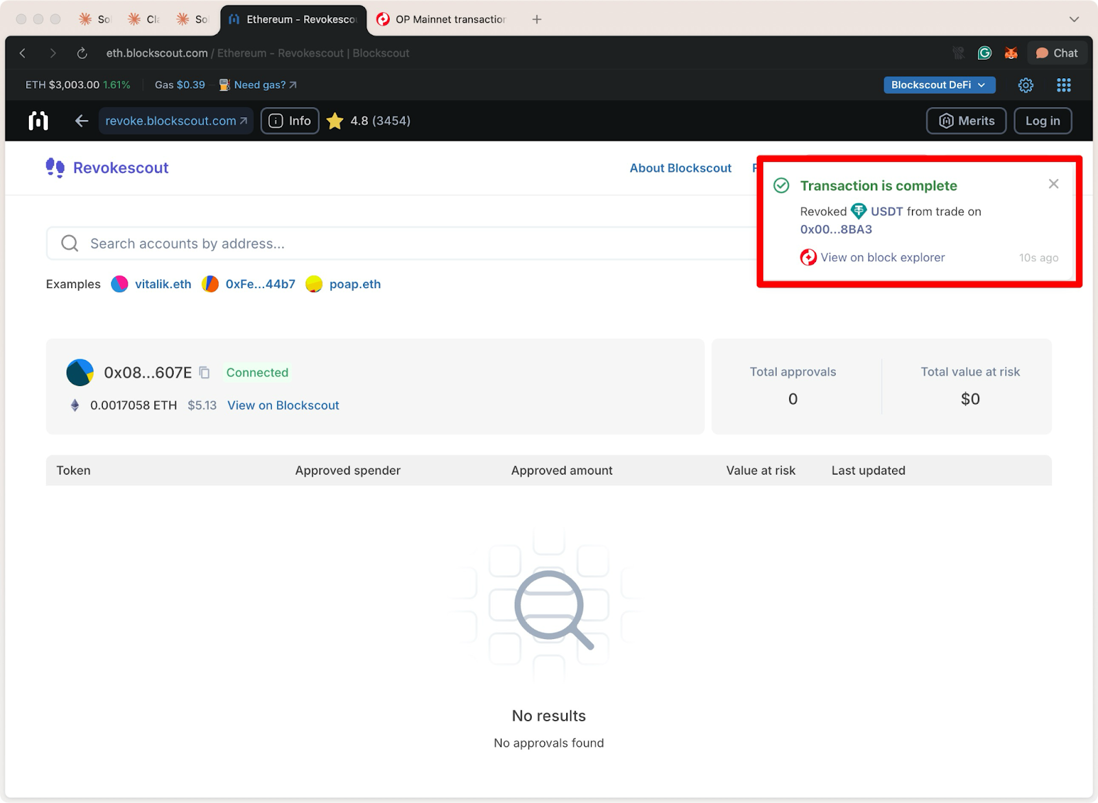 Revokescout interface confirming successful revocation of USDT token approval, showing zero active approvals and no value at risk for connected Ethereum wallet