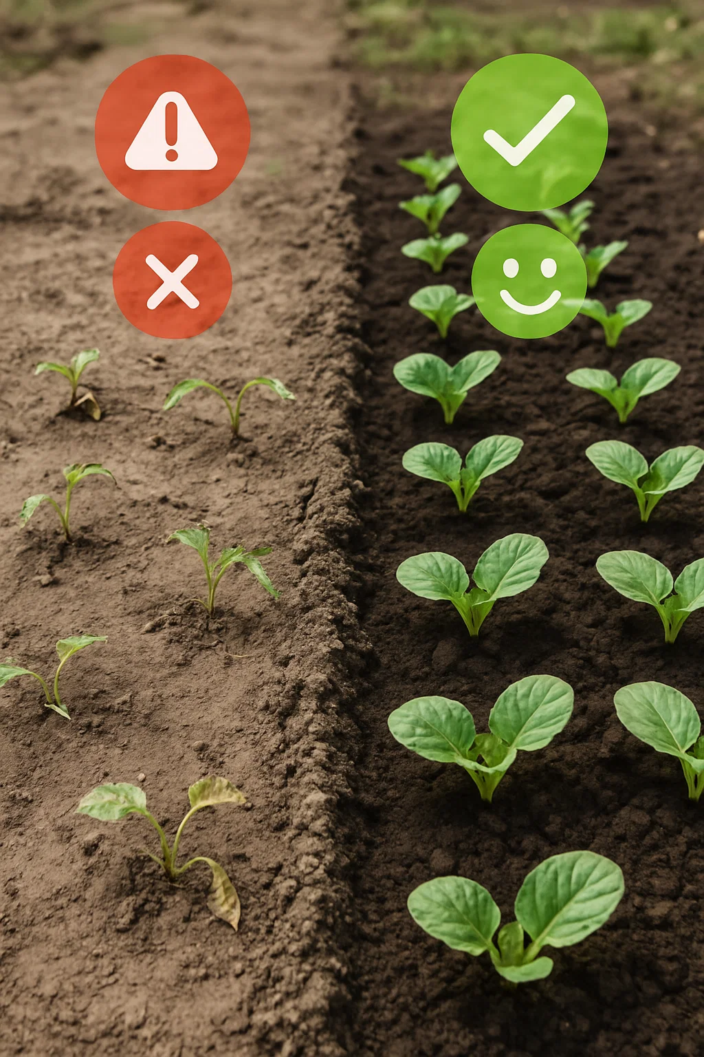 A garden bed with two clear sections: Left side: bare soil with a few weak or wilted sprouts struggling to grow, some with pest damage or dry patches. Right side: strong, healthy seedlings growing evenly in rich soil, lush and vibrant. Above both sections, soft overlays or icons show contrasting outcomes — a red “X” or caution symbol on the seed side, and a green checkmark or smiley face on the seedling side. The visual emphasizes reliability, growth, and reduced risk with seedlings. Do not use crtoons