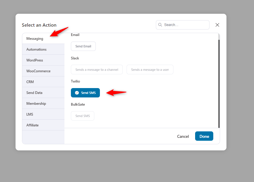 Selecting the send SMS for the automation