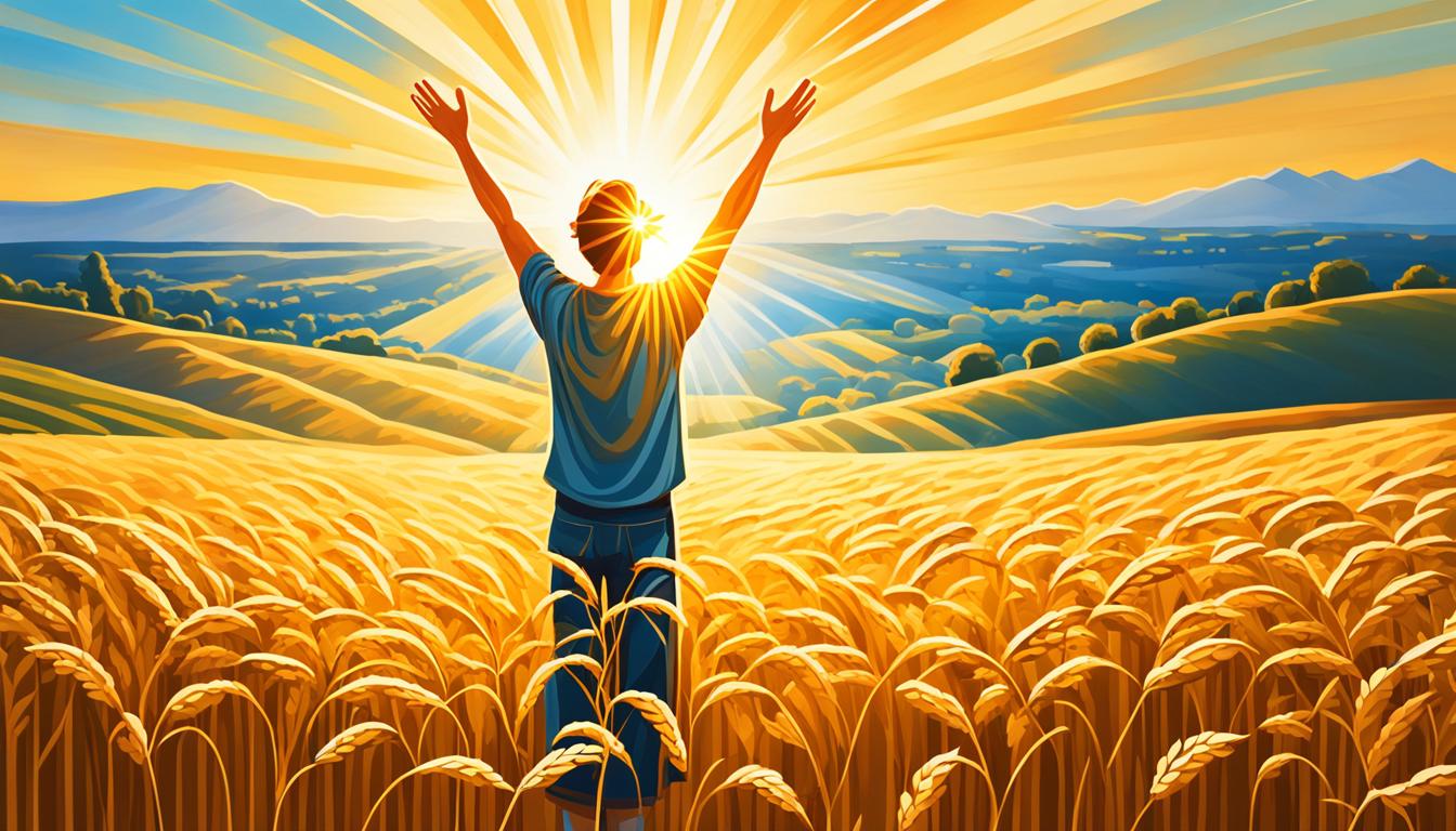 A figure with outstretched arms stands in a field of golden wheat, looking up towards the sun as it sets behind them. Rays of light shine down onto the figure, illuminating their face with a sense of contentment and peace. In the distance, a vast city skyline can be seen, symbolizing the abundance and wealth that is within reach through inspired action.