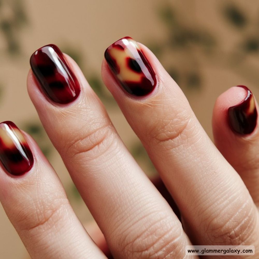 Burgundy fall Nails with Trendy Tortoise Shell