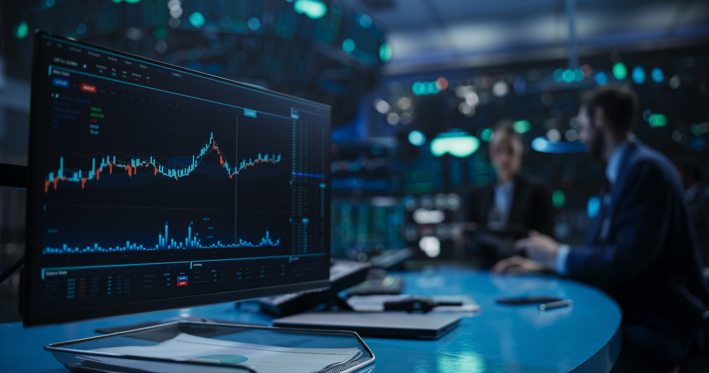 Tela mostrando gráfico de trade com pessoas ao fundo