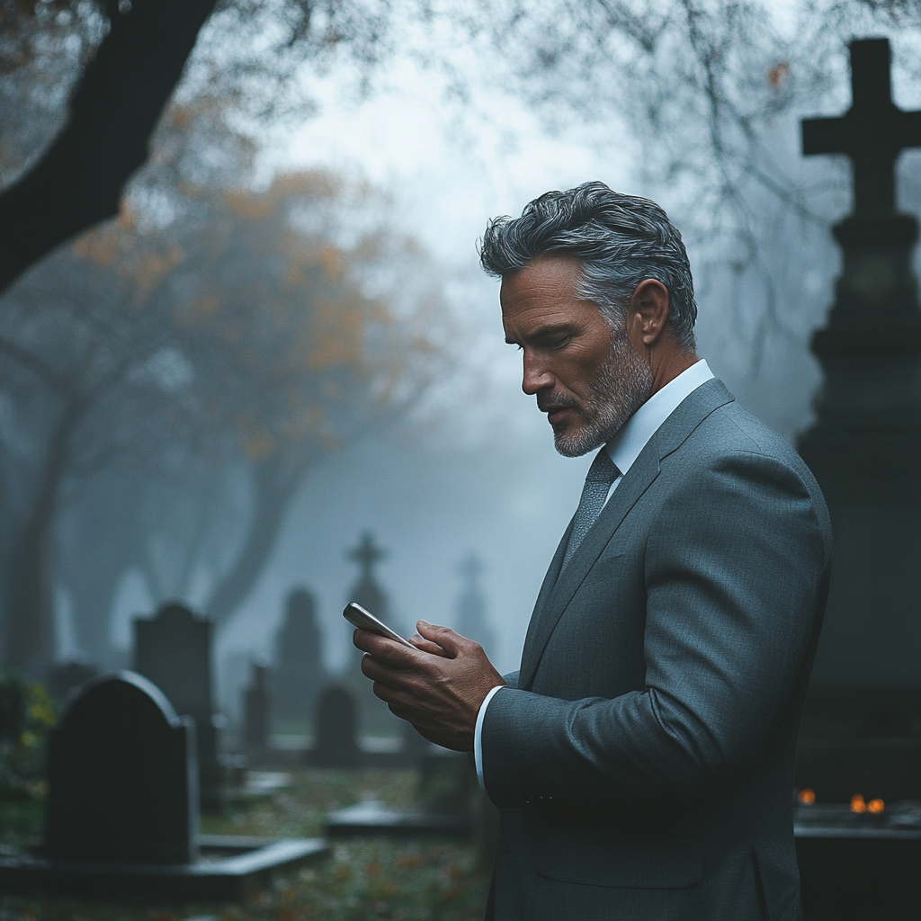 A man holding a phone in a cemetery | Source: Midjourney