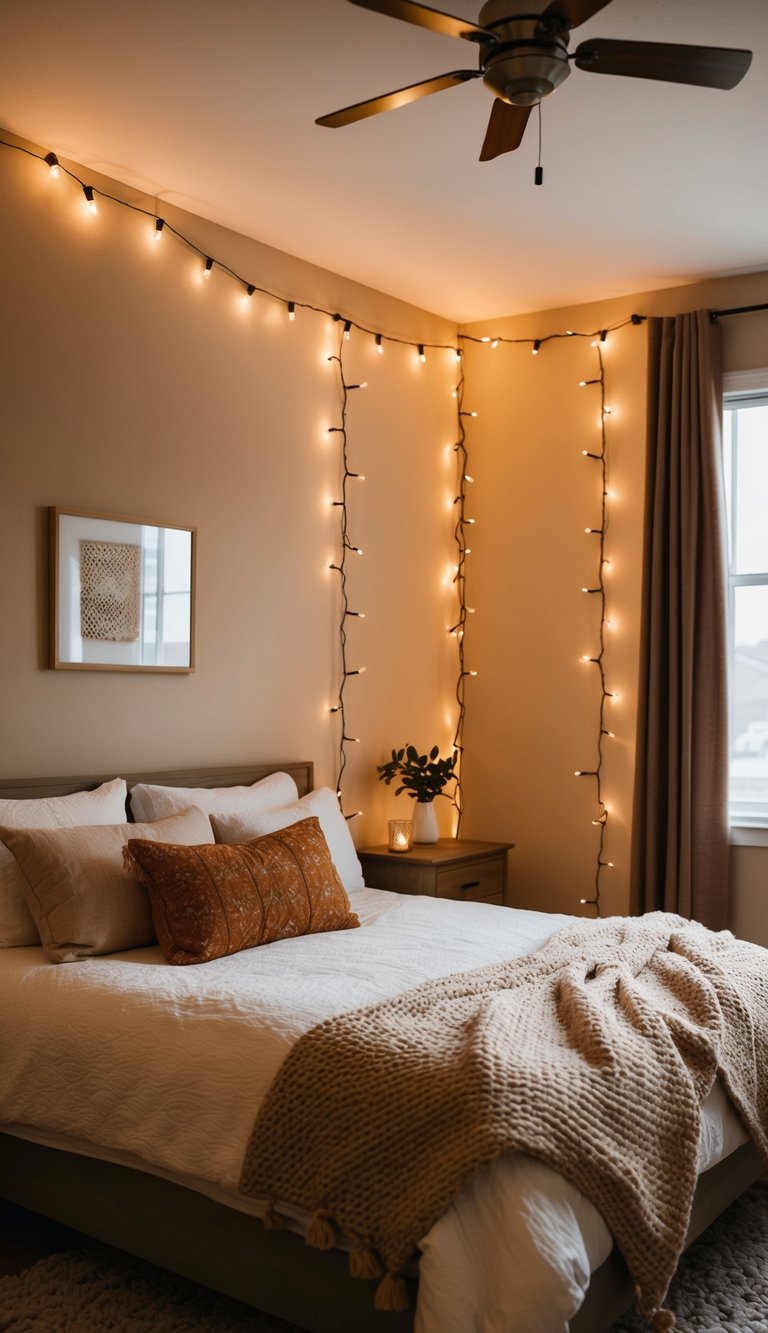 A cozy bedroom with string lights creating a warm and inviting atmosphere