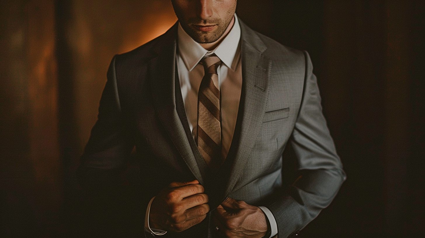 man wearing a charcoal suit with a muted tie, evening wedding backdrop, moody lighting, formal yet understated style, elegant atmosphere